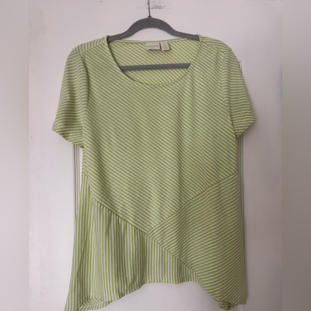 Chico's Lime Green White Striped Short Sleeve Asymmetrical Top